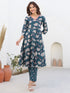 Janasya Women's Teal Blue Pure Cotton Floral Printted A line Kurta Pant Set
